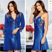 Jeremi 2806 Saten Dantelli Kısa Gecelik Sabahlık 2'li Takım - 2