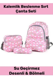 Fermuarlı Geniş 1.kalite Su Geçirmez Desenli Bölmeli Üçlü Okul Kalemlik Beslenme Sırt Çanta Seti - 1