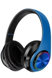 Yüksek Ses Kalite Kablosuz Sd Kart, Aux Girişli Led Işıklı Bluetooth Kulaklık Mavi - 2