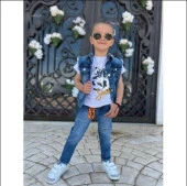 Uğur Böceği Çocuk Kurt Desenli Kot Yelekli Pantolon Tshirt Üçlü Erkek Takım 2-12 Yaş - 1