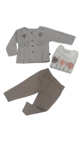 uğurböceğiçocuk Kız Bebek 3'lü Takım Fiyonklu Hırka Simli Kumaş 319 - 5