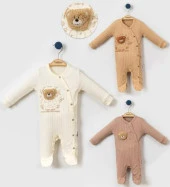 Necix Erkek Bebek Tulum Ayı Kafa Peluşlu Çıtçıt Düğmeli 231118 - 1
