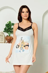 Ekru Renkli Ve Baskılı Pamuk Snwg-1005 Askılı Yaka Kadın Tunik - 2