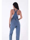 Yanları Düğme Detaylı Dekoratif Cepli Astarsız Mom Fit Kadın Kot Tulum Orta Mavi Denim Dört Mevsim - 4