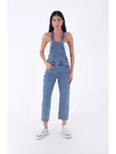 Yanları Düğme Detaylı Dekoratif Cepli Astarsız Mom Fit Kadın Kot Tulum Orta Mavi Denim Dört Mevsim - 3