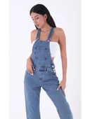 Yanları Düğme Detaylı Dekoratif Cepli Astarsız Mom Fit Kadın Kot Tulum Orta Mavi Denim Dört Mevsim - 1