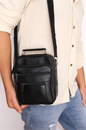 Erkek Siyah Orta Boy Hakiki Deri Fermuarlı Çelik Kasalı El Ve Omuz Çantası - 1