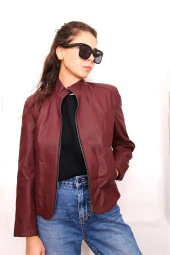 Kadın Bordo Fermuarlı Hakiki Deri Ceket - 1