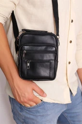 Erkek Siyah Küçük Boy Hakiki Deri Fermuarlı Çelik Kasalı El Ve Omuz Çantası - 1