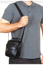 Erkek Ayarlanabilir Askılı Fermuarlı Kasalı Deri El Çantası Ve Omuz Çantası - 1