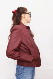 Kadın Bordo Fermuarlı Hakiki Deri Ceket - 3