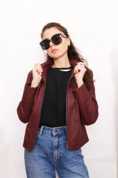 Kadın Bordo Fermuarlı Hakiki Deri Ceket - 4