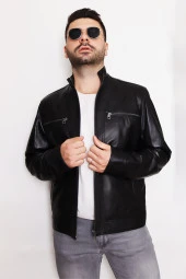 Erkek Siyah Fermuarlı Hakiki Deri Ceket thumbnail 4