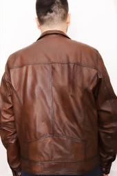 Erkek Kahverengi Fermuarlı Hakiki Deri Ceket - 5