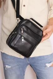 Erkek Siyah Orta Boy Hakiki Deri Fermuarlı Çelik Kasalı El Ve Omuz Çantası - 2