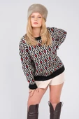 Kadın Oversize Desenli Triko Kazak Siyah - 3