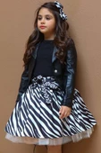 Kız Çocuk Deri Ceket ve Zebra Baskılı Saten Siyah Etekli Takım - 1