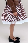 Kız Çocuk Deri Ceket ve Zebra Baskılı Saten Kahverengi Etekli Takım - 7