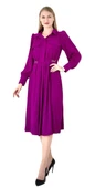 Modatalika Kadın Pile Detaylı Kemerli Gömlek Yaka Şık Uzun Kolu Midi Elbise thumbnail 12
