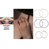 Altın Renk Takı Set6 (6'lı Yüzük Set,Sarı Küpe 70mm,Siyah Küpe 70mm,Gümüş Renk Küpe 40mm) - 1