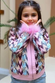 Kız Çocuk Pulpayet ve Kol Uçları Tüy Detaylı Ceket, Denim Pantolonlu, Pembe Alt Üst Takım thumbnail 4