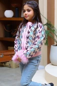 Kız Çocuk Pulpayet ve Kol Uçları Tüy Detaylı Ceket, Denim Pantolonlu, Pembe Alt Üst Takım thumbnail 2