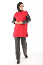 Kolları Deri Garnili Scuba Sweat Tunik-SYG50208Kırmızı - 1