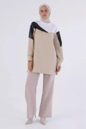 Deri Garnili Metal Halkalı Scuba Sweat Tunik 50198Ekru thumbnail 1