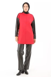 Kolları Deri Garnili Scuba Sweat Tunik-SYG50208Kırmızı - 2
