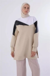 Deri Garnili Metal Halkalı Scuba Sweat Tunik 50198Ekru thumbnail 5