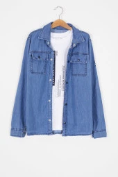 Mavi Şerit Yazılı Tişörtli Jean Gömlek Erkek Çocuk 2li Takım 17576 - 1