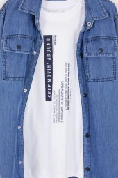 Mavi Şerit Yazılı Tişörtli Jean Gömlek Erkek Çocuk 2li Takım 17576 - 2