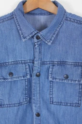 Mavi Şerit Yazılı Tişörtli Jean Gömlek Erkek Çocuk 2li Takım 17576 - 3