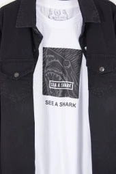 Siyah Shark Baskılı Jean Gömlekli T-shirt Erkek Çocuk 2li Takım 17574 - 2