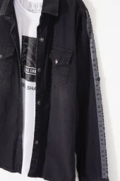 Siyah Shark Baskılı Jean Gömlekli T-shirt Erkek Çocuk 2li Takım 17574 - 3