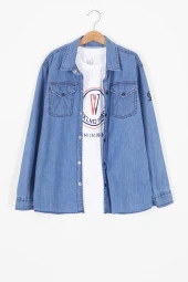 Mavi Logolu Tişörtlü Jean Gömlekli Erkek Çocuk 2li Takım 17570 - 1