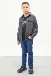 Füme Logolu Tişörtlü Jean Gömlekli Erkek Çocuk 2li Takım 17573 - 1