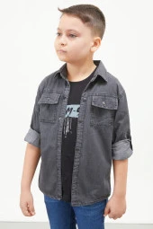 Füme Logolu Tişörtlü Jean Gömlekli Erkek Çocuk 2li Takım 17573 - 2