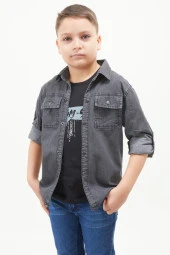 Füme Logolu Tişörtlü Jean Gömlekli Erkek Çocuk 2li Takım 17573 - 3