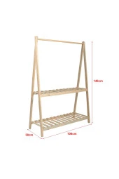 Doğal Ahşap Konfeksiyon Elbise Askılık Iki Raflı Ayaklı Askılık 148x106x38 Cm - 4