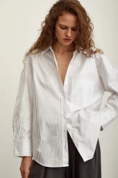 Pamuklu Çizgili Poplin Gömlek Beyaz thumbnail 1