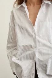 Pamuklu Çizgili Poplin Gömlek Beyaz thumbnail 3