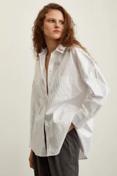 Pamuklu Çizgili Poplin Gömlek Beyaz thumbnail 5