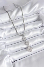 316L Çelik Gümüş Renk İtalyan Zincir Zirkon Taşı Yonca Model Kadın Kolye thumbnail 2