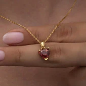 himarry 925 Ayar Gümüş Gold Kırmızı Taşlı Kalpli Kadın Kolye thumbnail 3