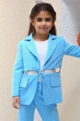 Kız Çocuk Halka Detaylı Blazer Ceket ve  Yırtmaç Detaylı İspanyol Paçalı Pantolon Mavi Alt Üst Takım thumbnail 7