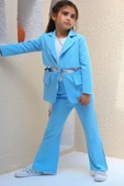 Kız Çocuk Halka Detaylı Blazer Ceket ve  Yırtmaç Detaylı İspanyol Paçalı Pantolon Mavi Alt Üst Takım thumbnail 5