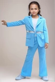 Kız Çocuk Halka Detaylı Blazer Ceket ve  Yırtmaç Detaylı İspanyol Paçalı Pantolon Mavi Alt Üst Takım thumbnail 1