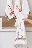 6 lı Kalp Çiçek Nakışlı Mutfak Havlusu Püsküllü Hediyelik Çeyizlik Kalpli Mutfak Havlu Takımı 30 x 50 Cm - 5