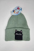Hanece Kids Mint Yeşili Kedi Nakışlı Kız Çocuk Bere - 1